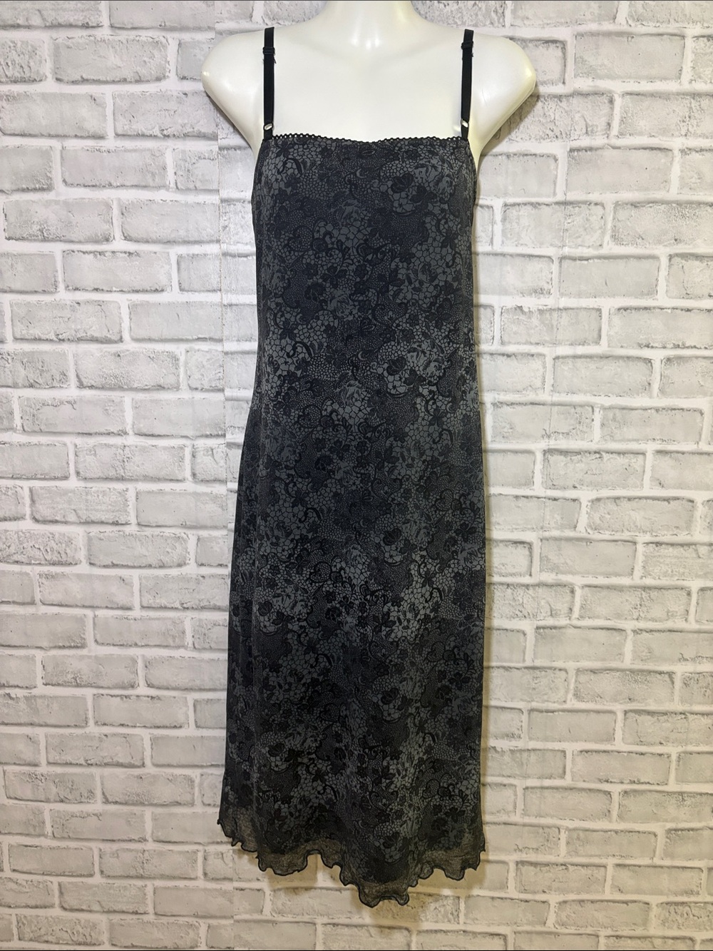 Garage Black Lace Midi Slip Dress with Adjustable Straps, Large